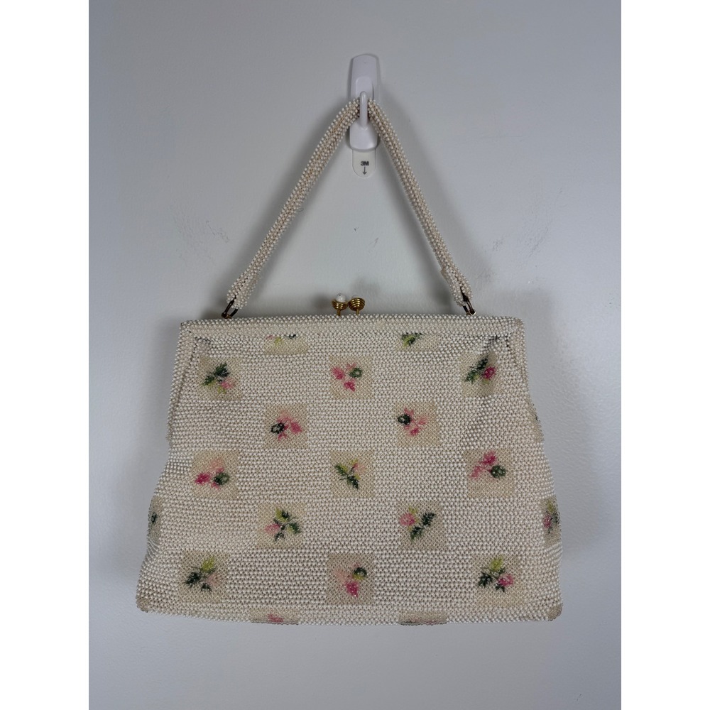 Vintage Lumured Corde Bead Cream Floral Beaded Handbag Kiss Lock Evening Bag